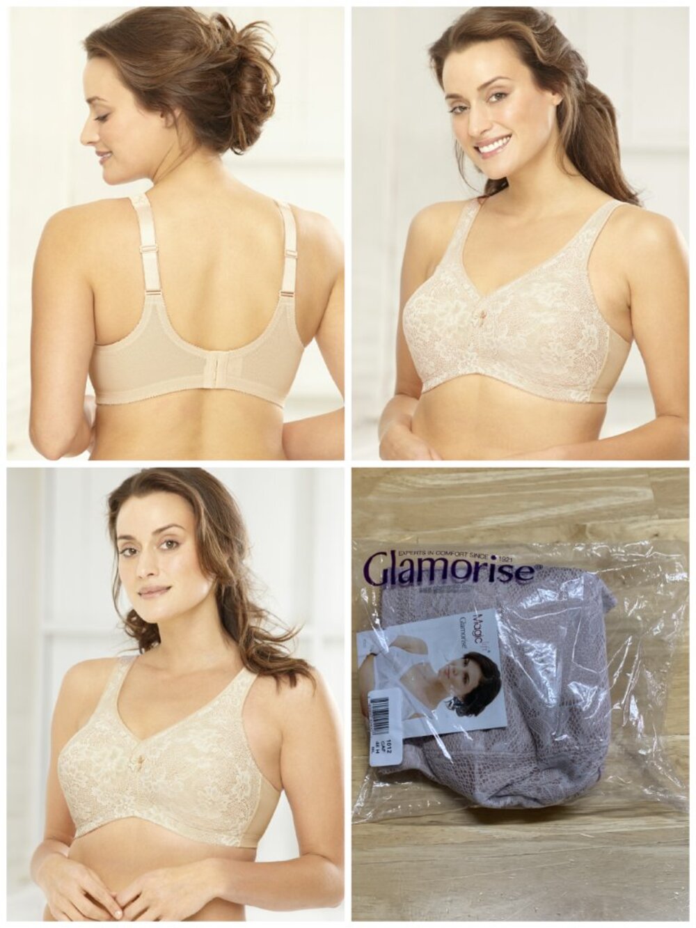 Glamorise 48H MAGIC LIFT Bra ~ All Over Lace Overlay ~ Smooths SUPPORT Nude NEW